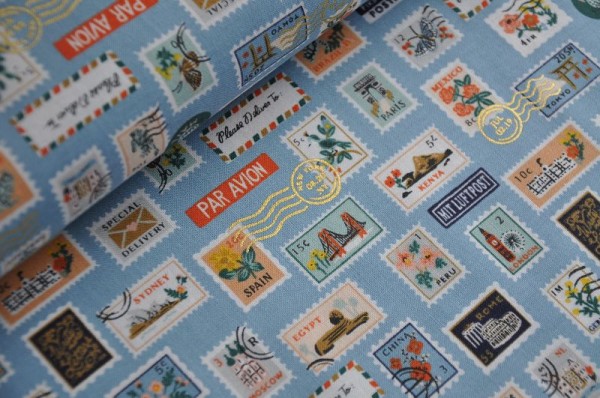 Webware - Bon Voyage, Postage Stamps, blue metallic - 100% Baumwolle